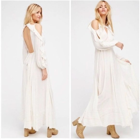 Free People Huxley Maxi Dress Ruffle Cutout Open Back Metallic Stripe Size Small - Picture 1 of 16